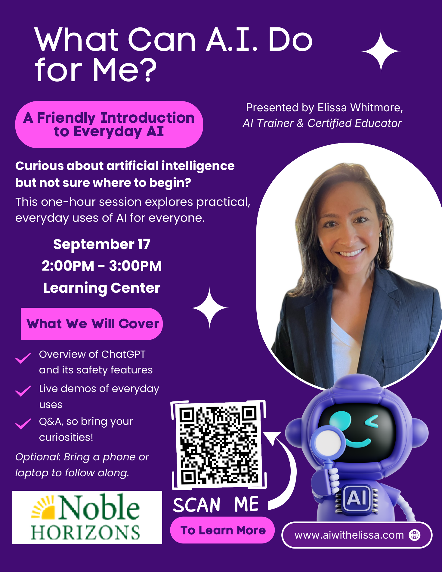 Flyer for 'What Can AI Do for Me?' seminar on September 17, 2:00–3:00 PM at the Noble Horizons Learning Center