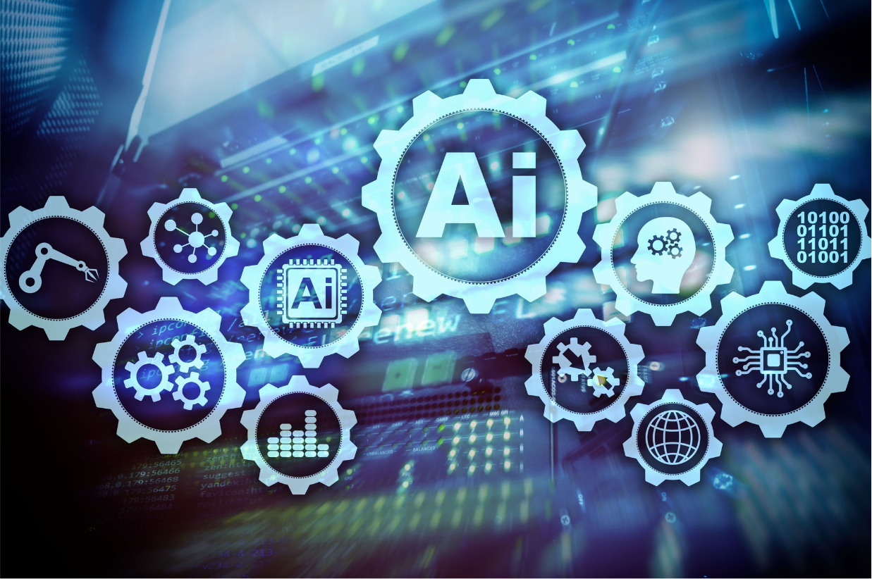 A business team collaborating with AI tools